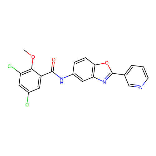 3,5-dichloro-2-methoxy-N-(2-pyridin-3-yl-1,3-benzoxazol-5-yl)benzamide structure