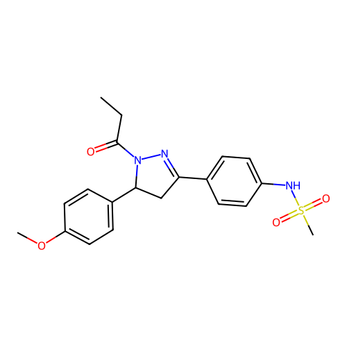 N-{4-[5-(4-methoxyphenyl)-1-propanoyl-4,5-dihydro-1H-pyrazol-3-yl]phenyl}methanesulfonamide structure