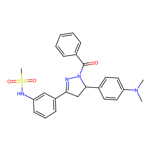 N-(3-{1-benzoyl-5-[4-(dimethylamino)phenyl]-4,5-dihydro-1H-pyrazol-3-yl}phenyl)methanesulfonamide structure
