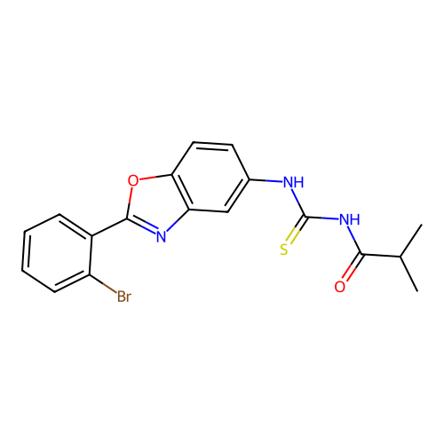 N-[[2-(2-bromophenyl)-1,3-benzoxazol-5-yl]carbamothioyl]-2-methylpropanamide structure