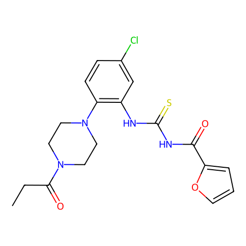 N-[[5-chloro-2-(4-propanoylpiperazin-1-yl)phenyl]carbamothioyl]furan-2-carboxamide structure