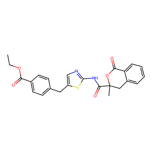 Ethyl 4-((2-(3-methyl-1-oxoisochroman-3-carboxamido)thiazol-5-yl)methyl)benzoate structure
