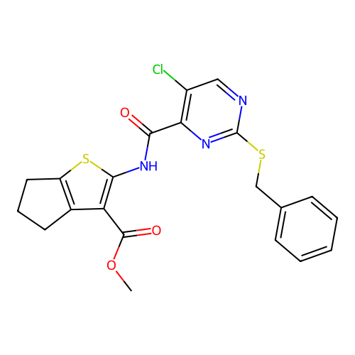 methyl 2-({[2-(benzylsulfanyl)-5-chloropyrimidin-4-yl]carbonyl}amino)-5,6-dihydro-4H-cyclopenta[b]thiophene-3-carboxylate structure