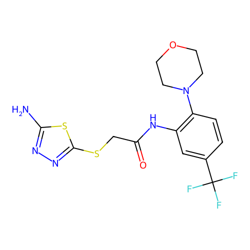 2-[(5-amino-1,3,4-thiadiazol-2-yl)thio]-N-[2-(4-morpholinyl)-5-(trifluoromethyl)phenyl]acetamide structure