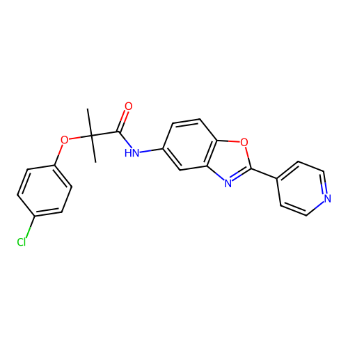 2-(4-chlorophenoxy)-2-methyl-N-[2-(4-pyridinyl)-1,3-benzoxazol-5-yl]propanamide structure