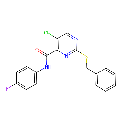 2-benzylsulfanyl-5-chloro-N-(4-iodophenyl)pyrimidine-4-carboxamide structure