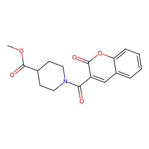 1-[Oxo-(2-oxo-1-benzopyran-3-yl)methyl]-4-piperidinecarboxylic acid methyl ester structure