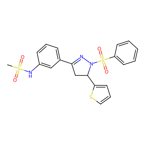 N-{3-[1-(benzenesulfonyl)-5-(thiophen-2-yl)-4,5-dihydro-1H-pyrazol-3-yl]phenyl}methanesulfonamide structure