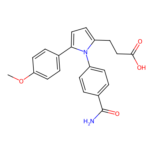 3-[1-(4-carbamoylphenyl)-5-(4-methoxyphenyl)-1H-pyrrol-2-yl]propanoic acid structure