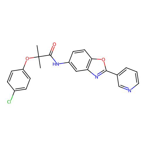 2-(4-chlorophenoxy)-2-methyl-N-(2-pyridin-3-yl-1,3-benzoxazol-5-yl)propanamide structure