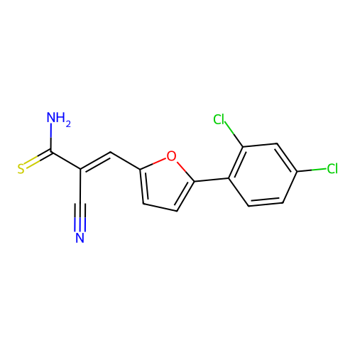 (E)-2-cyano-3-(5-(2,4-dichlorophenyl)furan-2-yl)prop-2-enethioamide structure