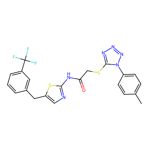 2-[1-(4-methylphenyl)tetrazol-5-yl]sulfanyl-N-[5-[[3-(trifluoromethyl)phenyl]methyl]-1,3-thiazol-2-yl]acetamide structure
