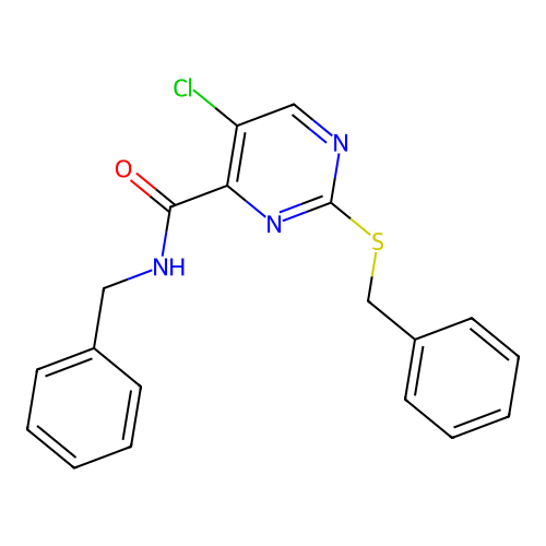N-benzyl-2-(benzylsulfanyl)-5-chloropyrimidine-4-carboxamide structure