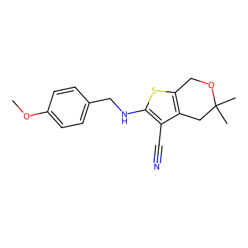 2-[(4-methoxyphenyl)methylamino]-5,5-dimethyl-4,7-dihydrothieno[2,3-c]pyran-3-carbonitrile structure