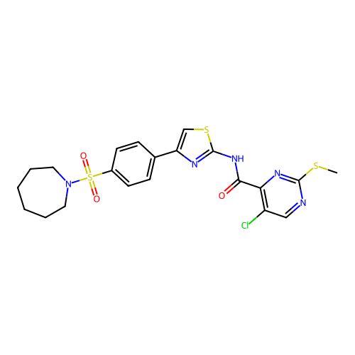 N-[4-[4-(azepan-1-ylsulfonyl)phenyl]-1,3-thiazol-2-yl]-5-chloro-2-methylsulfanylpyrimidine-4-carboxamide structure