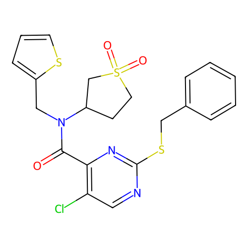 2-(benzylsulfanyl)-5-chloro-N-(1,1-dioxidotetrahydrothiophen-3-yl)-N-(thiophen-2-ylmethyl)pyrimidine-4-carboxamide structure