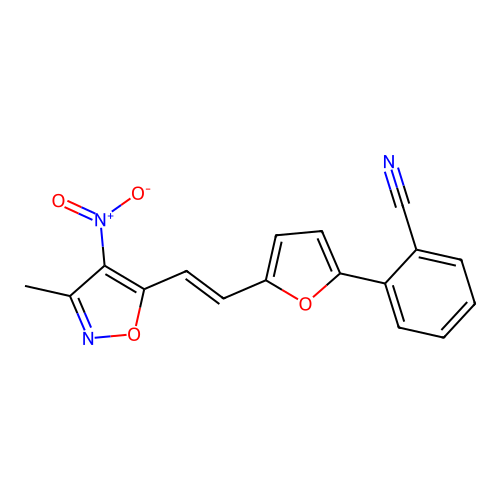 (E)-2-(5-(2-(3-methyl-4-nitroisoxazol-5-yl)vinyl)furan-2-yl)benzonitrile structure