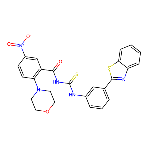 N-[[3-(1,3-benzothiazol-2-yl)phenyl]carbamothioyl]-2-morpholin-4-yl-5-nitrobenzamide structure