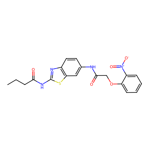 N-[6-[[2-(2-nitrophenoxy)acetyl]amino]-1,3-benzothiazol-2-yl]butanamide structure