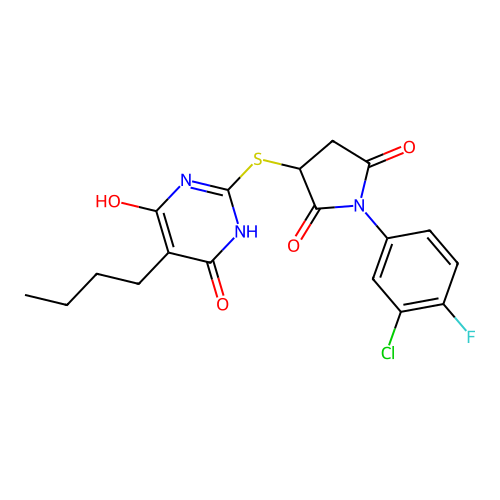 3-[(5-butyl-4,6-dihydroxypyrimidin-2-yl)sulfanyl]-1-(3-chloro-4-fluorophenyl)pyrrolidine-2,5-dione structure