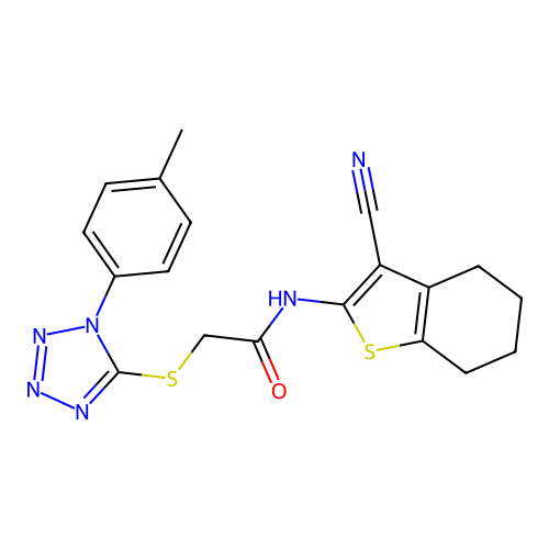 N-(3-cyano-4,5,6,7-tetrahydro-1-benzothiophen-2-yl)-2-[1-(4-methylphenyl)tetrazol-5-yl]sulfanylacetamide structure