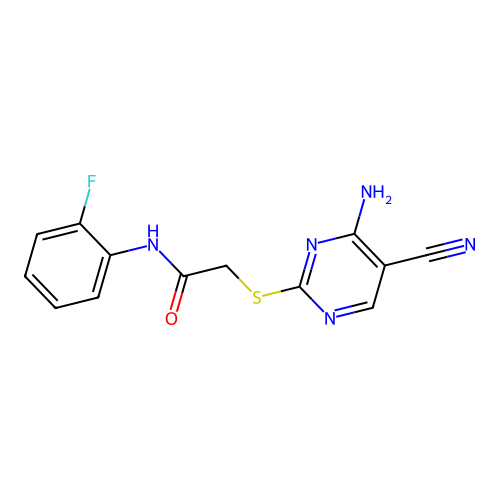 2-[(4-amino-5-cyanopyrimidin-2-yl)sulfanyl]-N-(2-fluorophenyl)acetamide structure