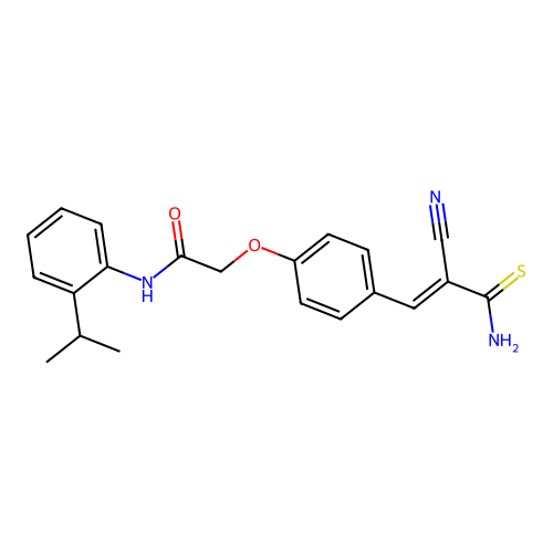 (E)-2-(4-(3-amino-2-cyano-3-thioxoprop-1-en-1-yl)phenoxy)-N-(2-isopropylphenyl)acetamide structure