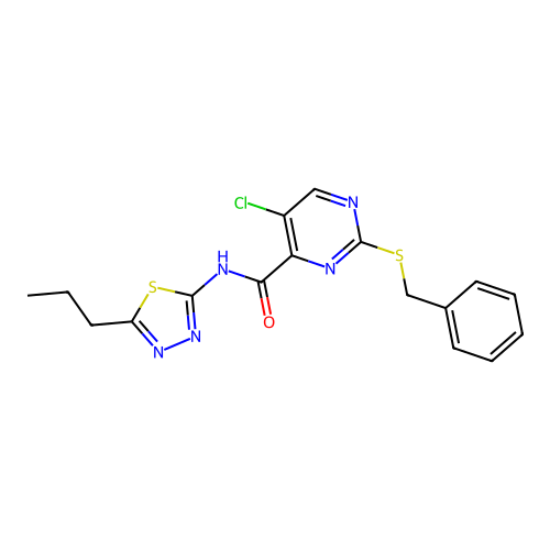 2-(benzylsulfanyl)-5-chloro-N-(5-propyl-1,3,4-thiadiazol-2-yl)pyrimidine-4-carboxamide structure