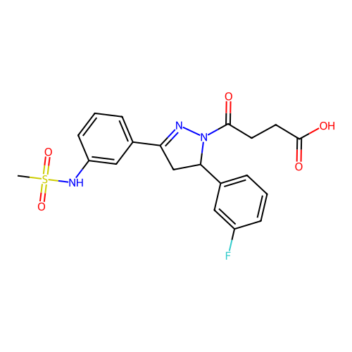 4-[5-(3-fluorophenyl)-3-(3-methanesulfonamidophenyl)-4,5-dihydro-1H-pyrazol-1-yl]-4-oxobutanoic acid structure