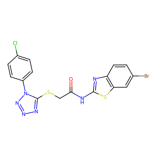N-(6-bromo-1,3-benzothiazol-2-yl)-2-[1-(4-chlorophenyl)tetrazol-5-yl]sulfanylacetamide structure