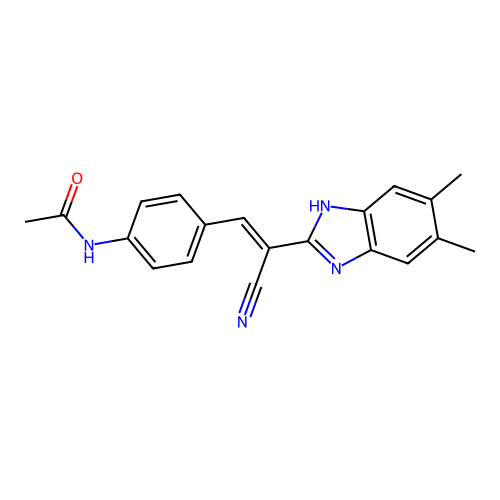 (E)-N-(4-(2-cyano-2-(5,6-dimethyl-1H-benzo[d]imidazol-2-yl)vinyl)phenyl)acetamide structure