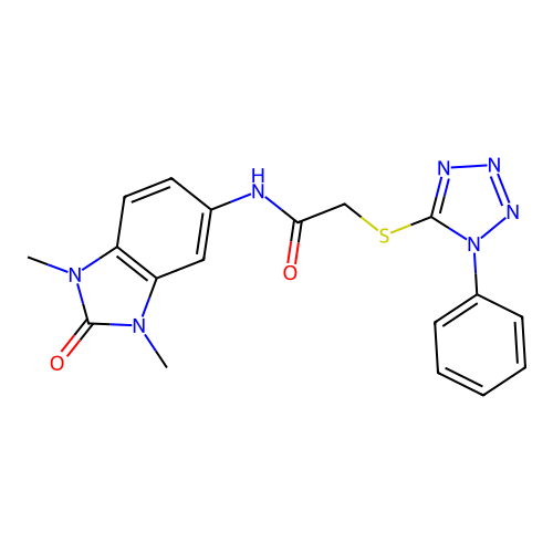 N-(1,3-dimethyl-2-oxobenzimidazol-5-yl)-2-(1-phenyltetrazol-5-yl)sulfanylacetamide structure