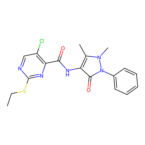 5-chloro-N-(1,5-dimethyl-3-oxo-2-phenylpyrazol-4-yl)-2-ethylsulfanylpyrimidine-4-carboxamide structure