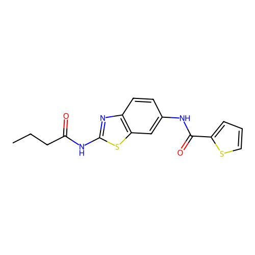 N-[2-(butanoylamino)-1,3-benzothiazol-6-yl]thiophene-2-carboxamide structure