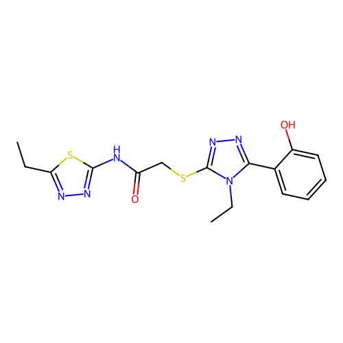 2-[[(5Z)-4-ethyl-5-(6-oxocyclohexa-2,4-dien-1-ylidene)-1H-1,2,4-triazol-3-yl]sulfanyl]-N-(5-ethyl-1,3,4-thiadiazol-2-yl)acetamide structure