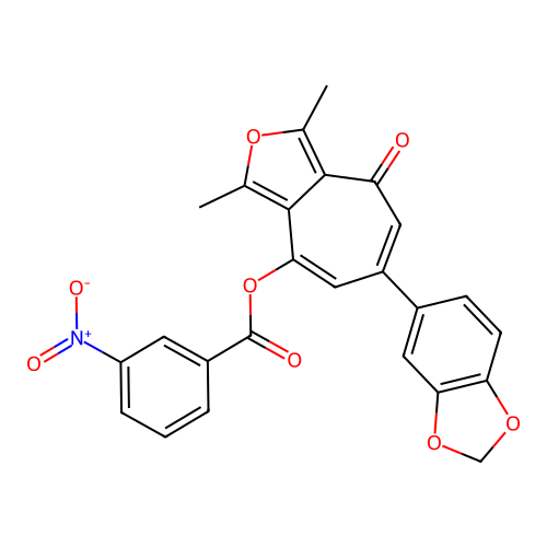 6-(1,3-benzodioxol-5-yl)-1,3-dimethyl-4-oxo-4H-cyclohepta[c]furan-8-yl 3-nitrobenzoate structure
