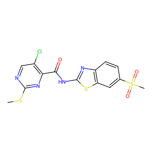 5-chloro-N-(6-methanesulfonyl-1,3-benzothiazol-2-yl)-2-(methylsulfanyl)pyrimidine-4-carboxamide structure