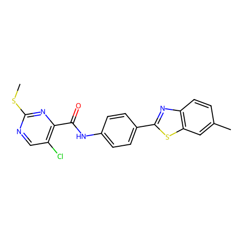 5-chloro-N-[4-(6-methyl-1,3-benzothiazol-2-yl)phenyl]-2-(methylsulfanyl)pyrimidine-4-carboxamide structure