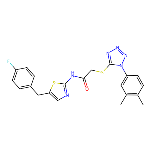2-[1-(3,4-dimethylphenyl)tetrazol-5-yl]sulfanyl-N-[5-[(4-fluorophenyl)methyl]-1,3-thiazol-2-yl]acetamide structure