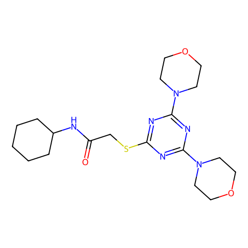N-cyclohexyl-2-[(4,6-dimorpholin-4-yl-1,3,5-triazin-2-yl)sulfanyl]acetamide structure