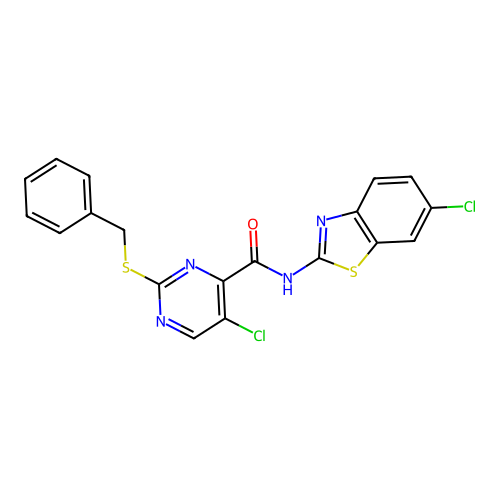 2-benzylsulfanyl-5-chloro-N-(6-chloro-1,3-benzothiazol-2-yl)pyrimidine-4-carboxamide structure