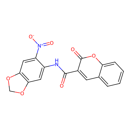 N-(6-nitro-1,3-benzodioxol-5-yl)-2-oxochromene-3-carboxamide structure
