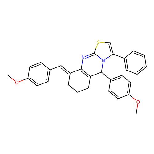 (9E)-5-(4-methoxyphenyl)-9-[(4-methoxyphenyl)methylidene]-3-phenyl-5,6,7,8-tetrahydro-[1,3]thiazolo[2,3-b]quinazoline structure