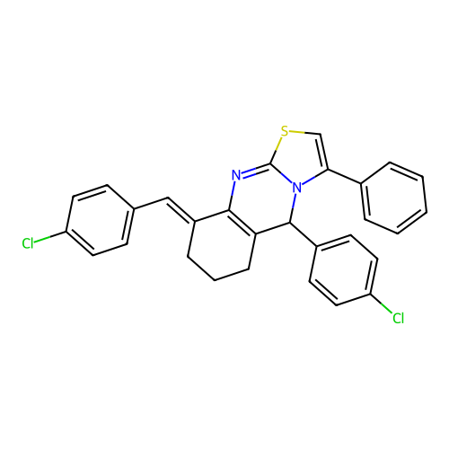 (9E)-5-(4-chlorophenyl)-9-[(4-chlorophenyl)methylidene]-3-phenyl-5,6,7,8-tetrahydro-[1,3]thiazolo[2,3-b]quinazoline structure