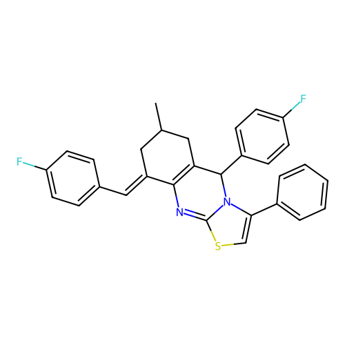 (9E)-5-(4-fluorophenyl)-9-[(4-fluorophenyl)methylidene]-7-methyl-3-phenyl-5,6,7,8-tetrahydro-[1,3]thiazolo[2,3-b]quinazoline structure