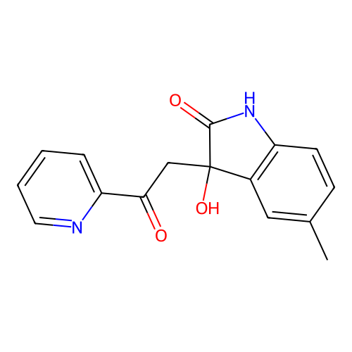 3-hydroxy-5-methyl-3-[2-oxo-2-(pyridin-2-yl)ethyl]-1,3-dihydro-2H-indol-2-one structure