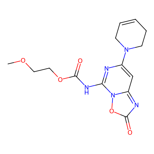 Carbamic acid, (7-(3,6-dihydro-1(2H)-pyridinyl)-2-oxo-2H-(1,2,4)oxadiazolo(2,3-c)pyrimidin-5-yl)-, 2-methoxyethyl ester structure