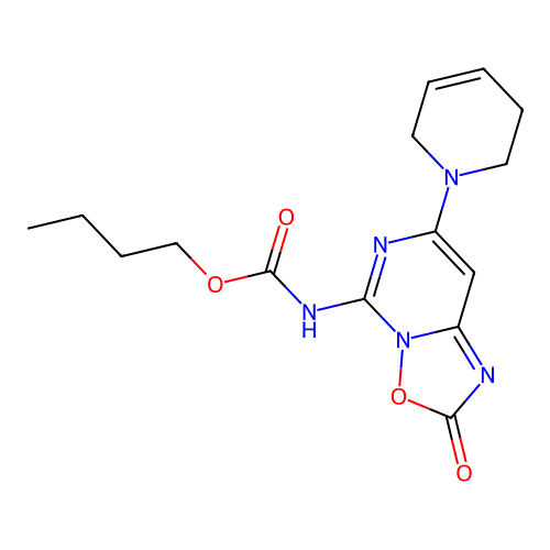 Carbamic acid, (7-(3,6-dihydro-1(2H)-pyridinyl)-2-oxo-2H-(1,2,4)oxadiazolo(2,3-c)pyrimidin-5-yl)-, butyl ester structure