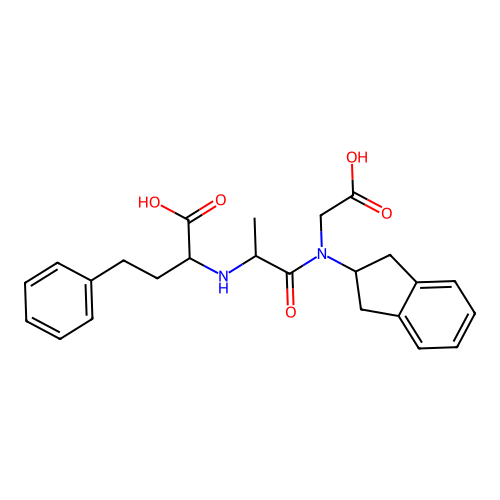 N-(N-(1-carboxy-3-phenylpropyl)alanyl)-N-(indan-2-yl)glycine structure