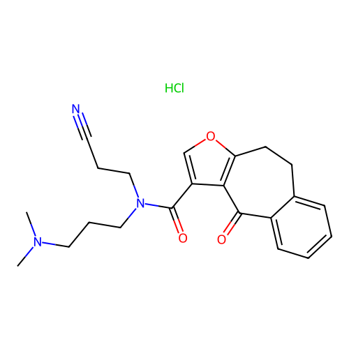 4H-Benzo(4,5)cyclohepta(1,2-b)furan-3-carboxamide, 9,10-dihydro-N-(2-cyanoethyl)-N-(3-(dimethylamino)propyl)-4-oxo-, monohydrochloride structure